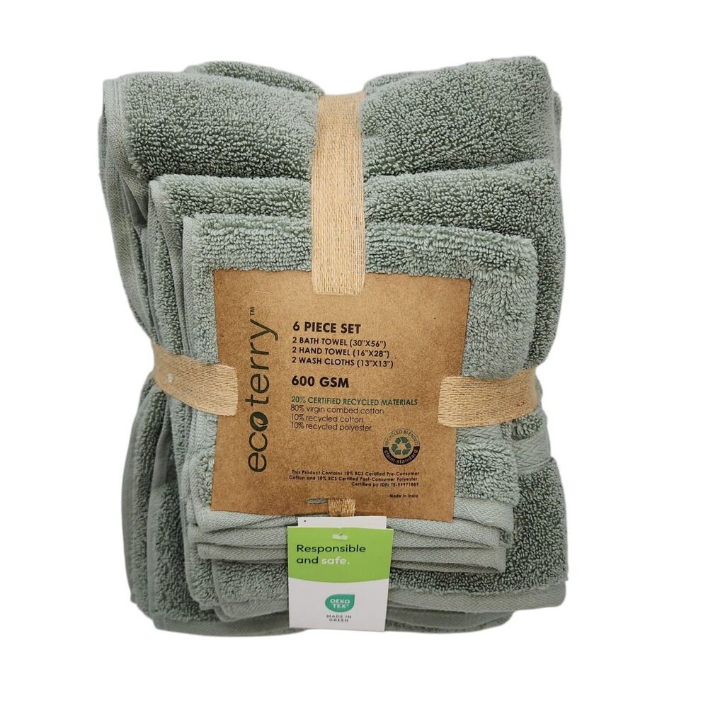 Ecoterry 6pc Dusty Green Bath  Towel Set 2 Bath 2‎ Hand 2 Washcloths - Picture 4 of 9